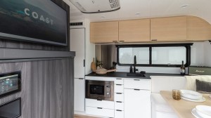 The Aero Build Coast's kitchen and dining area caravan