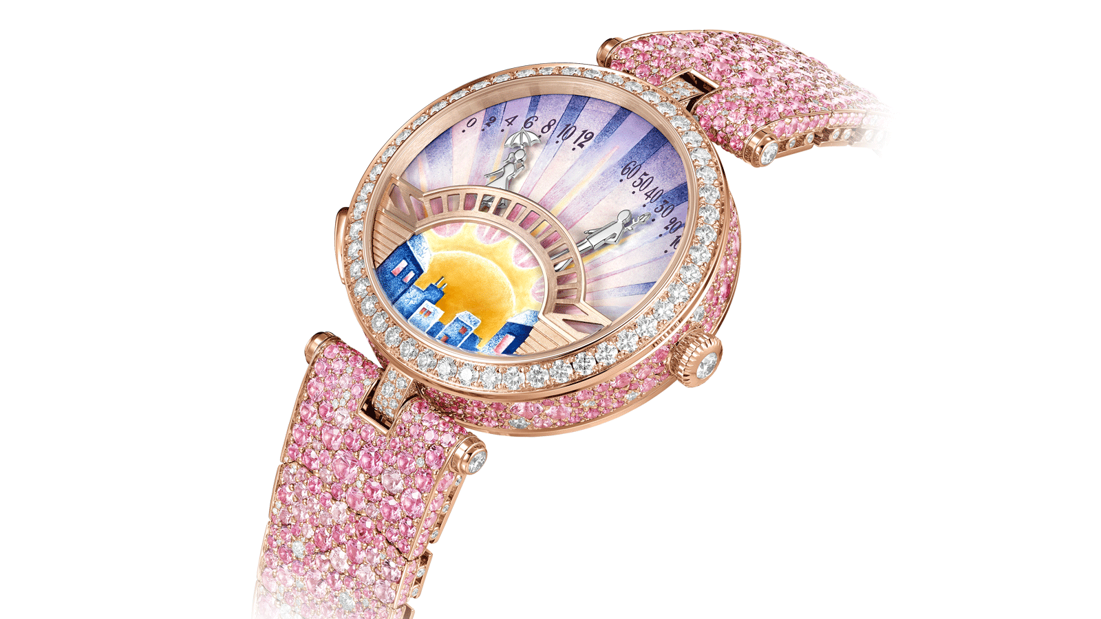 Đồng hồ Lady Arpels Pont des Amoureux Aube: Vàng hồng, kim cương, đá sapphire hồng, men, bộ máy cơ tự lên dây cót được trang bị cơ chế retrograde kép và hoạt ảnh theo yêu cầu.