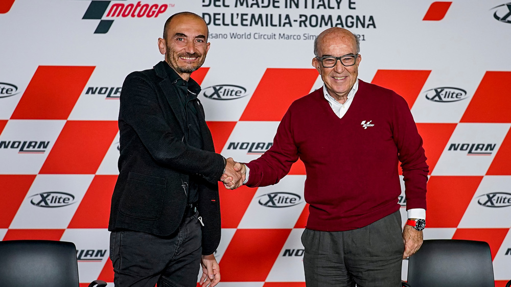 Ducati CEO Claudio Domenicali (left) and Dorna CEO Carmelo Ezpeleta (right) announce Ducati's new role as supplier for MotoE as of 2023.