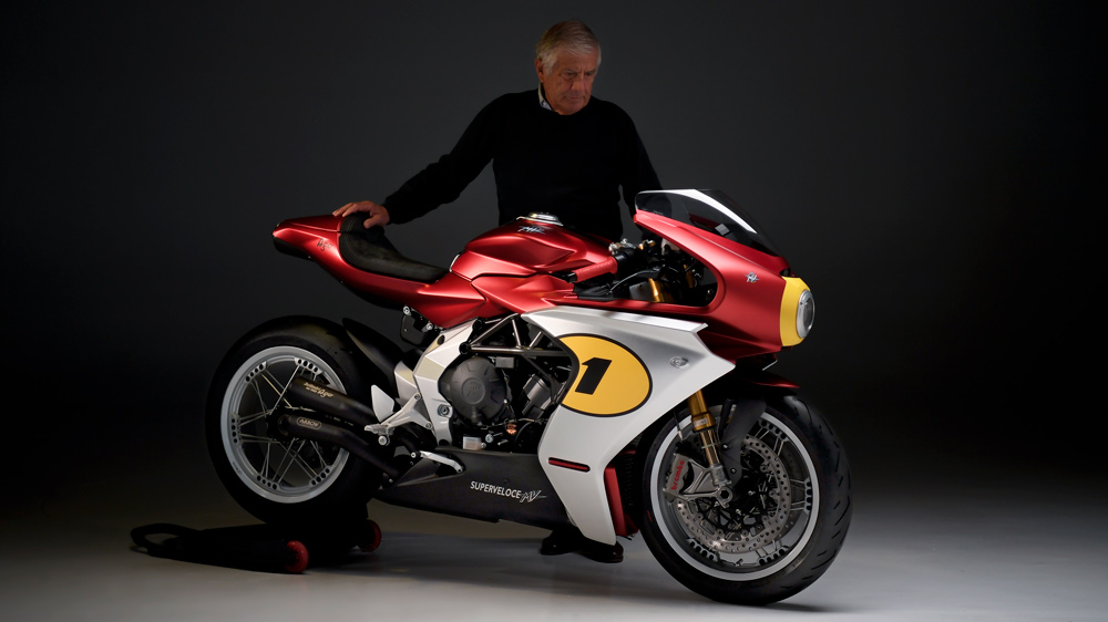 Motorcycling's legendary grand-prix racer Giacomo Agostini with the new MV Agusta Superveloce Ago.