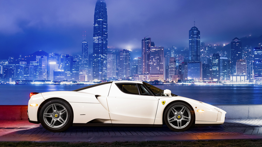 A 2003 Ferrari Enzo, the only one painted white at the factory.