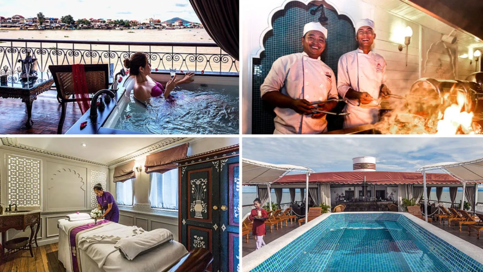 The pool deck offers the best views of the surrounding banks, while the lower deck has a spa and dining area.