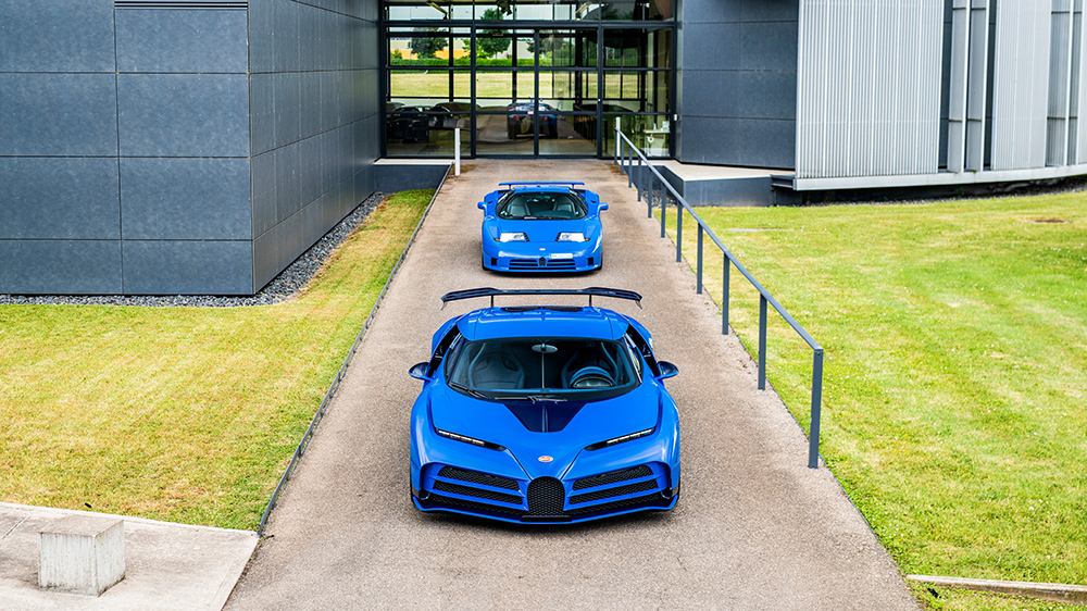 The first Bugatti Centodieci and a EB110 GT from above