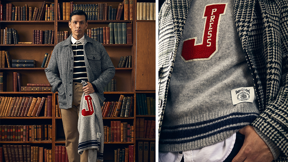 A model wearing pieces from the Todd Snyder x J. Press collaboration.