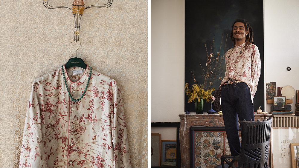 A silk shirt featuring a print from an 18th century copper-engraved camisole.