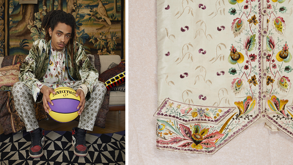 A model wear several of the historic prints together in one ensemble.