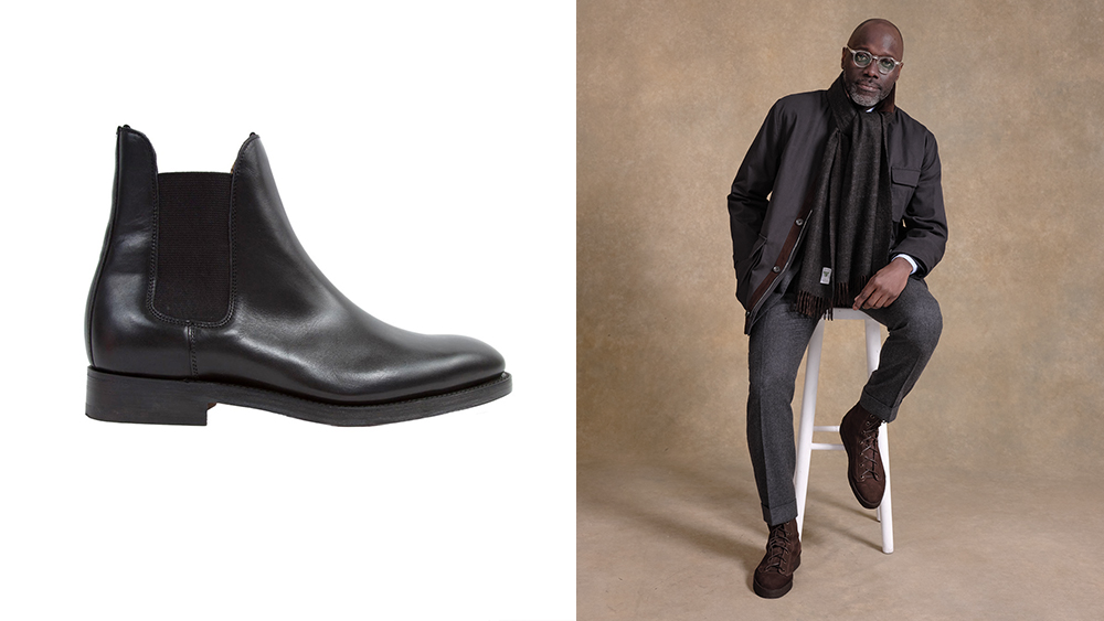 Sid Mashburn - Giày Chelsea da bê (595 USD); Anglo-Italian - Giày bốt leo núi (335 EUR) mặc với bộ vest.