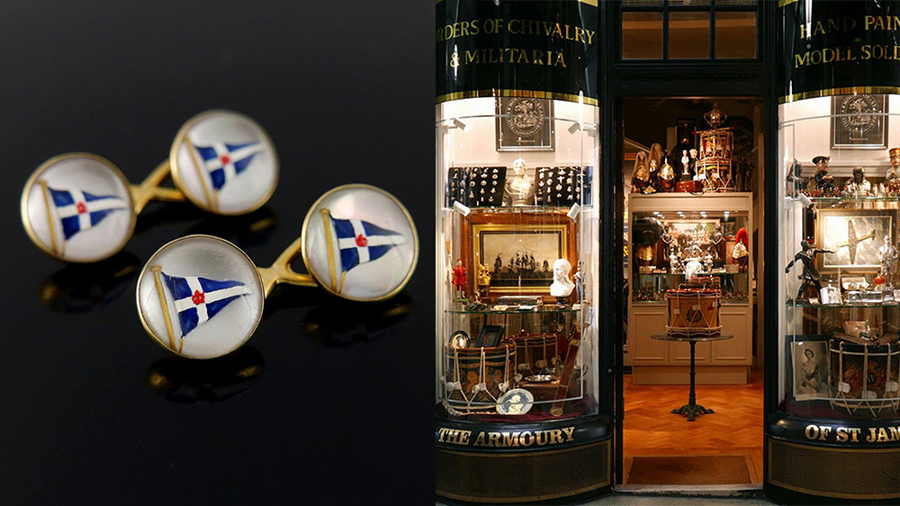 A pair of ca.1925 Royal Thames Yacht Club cufflinks ($1,950); the Armoury of St. James' Piccadilly Arcade storefront.